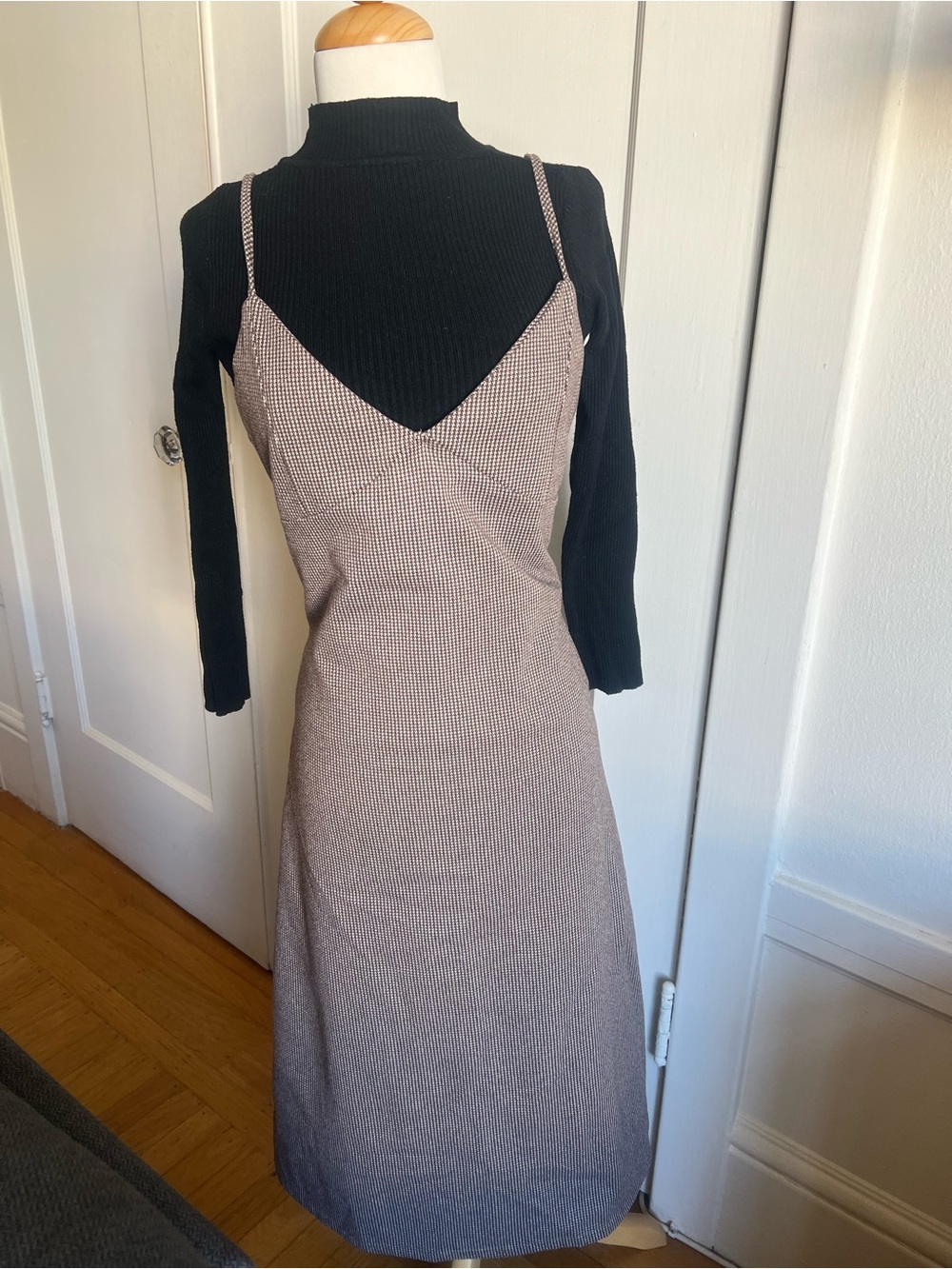 Audrey Hepburn “Funny Face” Gingham Slip Midi Dress in Taupe